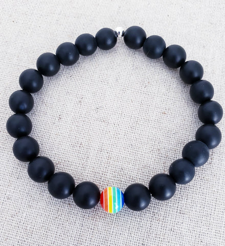 Matte Black Onyx Rainbow Focal Bracelet // Pride LGBTQ+ Bracelet