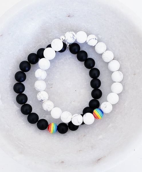 Matte Black Onyx Rainbow Focal Bracelet // Pride LGBTQ+ Bracelet