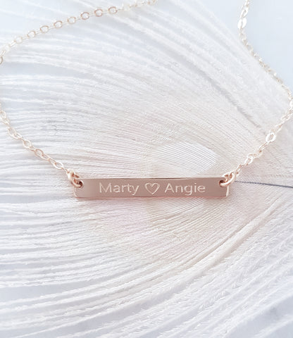 Engraved Personalized Two Names w/ Heart Horizontal Bar Necklace *Choose your metal*
