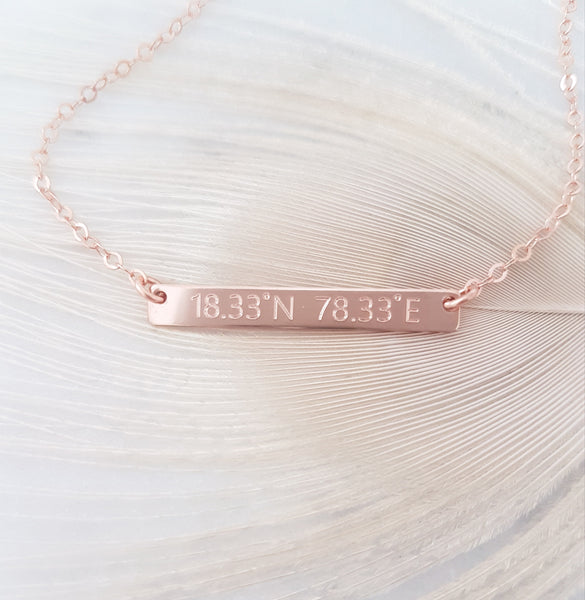 Engraved Personalized Coordinates Horizontal Bar Necklace *Choose your metal*