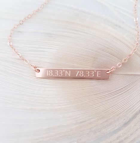 Engraved Personalized Coordinates Horizontal Bar Necklace *Choose your metal*