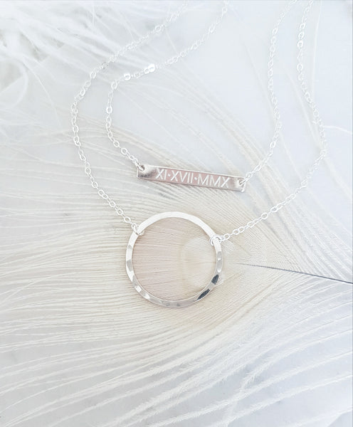 Engraved Personalized Roman Numerals Horizontal Bar Necklace *Choose your metal*