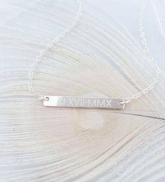 Engraved Personalized Roman Numerals Horizontal Bar Necklace *Choose your metal*