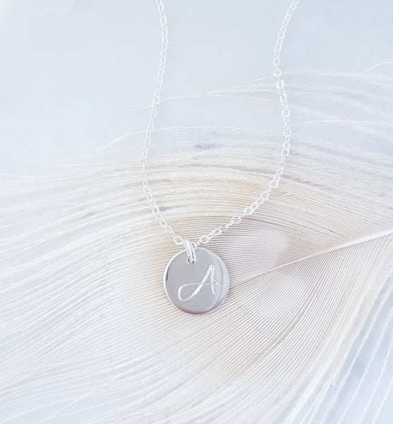 Engraved Personalized *Silver* Initial Disc Necklace 12mm