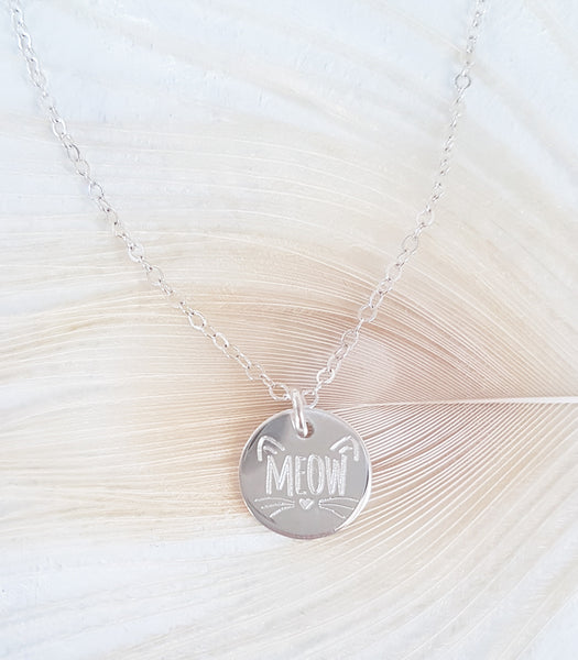 Engraved Meow Cat Lover's Necklace *CHOOSE YOUR METAL*
