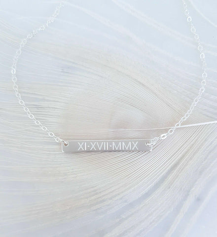 Engraved Personalized Roman Numerals Horizontal Bar Necklace *Choose your metal*