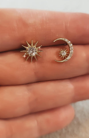 *RESTOCKING SOON* CZ Mismatch Moon & Star Studs - Completely Obsessed! *choose your metal*