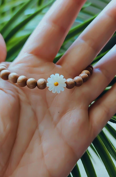 Rosewood Beads w/ Carved Shell Pearl Daisy Bead Bracelet