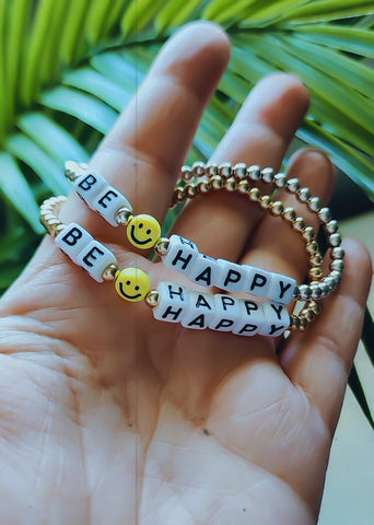 Be Happy Cube Bead Bracelet w/ Smiley Face *Choose Your Metal*
