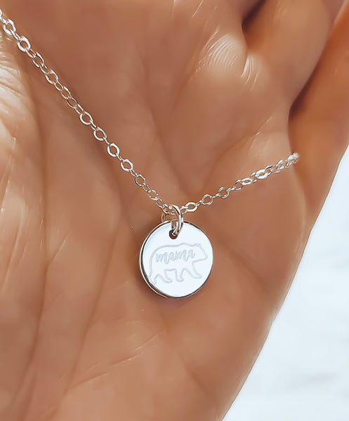Engraved Disc Bear Outline w/ Mama Disc Necklace *CHOOSE YOUR METAL*