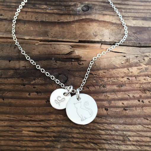 Engraved Personalized *SILVER* Cat & Initial Disc Necklace