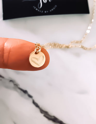 Engraved Tiny Heart Disc Necklace *choose your metal*